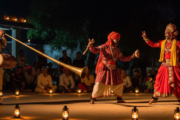 A Bhavai folk theatre performance in Gujarat with costumed performers and a bhungal player.