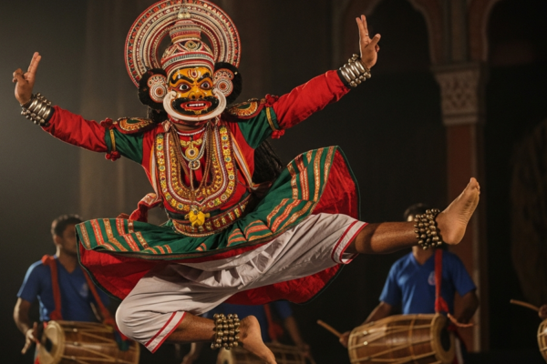 A Chhau masked dancer of eastern India mid-leap in vivid costume.