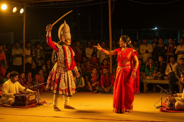 A Jatra folk theatre performance on an open-air stage in Bengal at night.