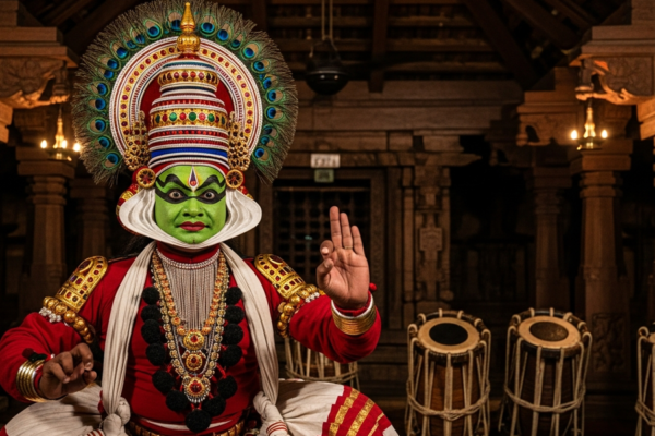 A Koodiyattam performer of Kerala in traditional costume and green makeup inside a temple theatre.