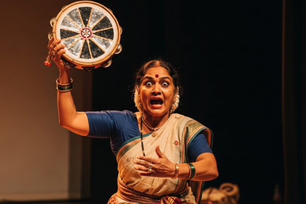 A Pandavani performer narrating the Mahabharata with a tambura in hand.