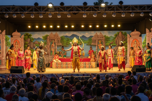 A Ramlila performance depicting scenes from the Ramayana with costumed performers.