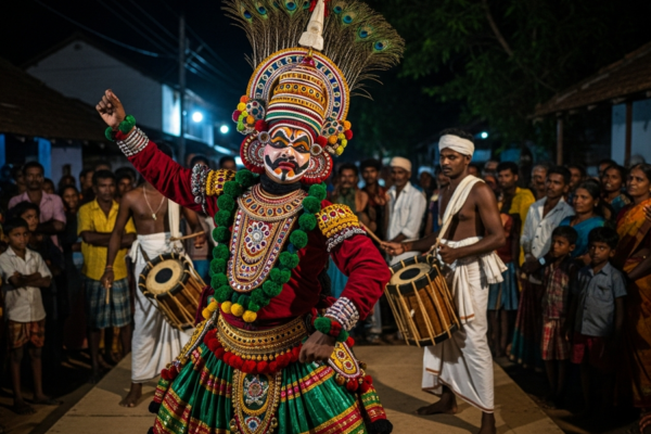 A Therukoothu performer in bright costume and makeup on a village street stage in Tamil Nadu.