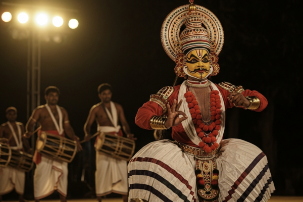 A Yakshagana performer in elaborate costume and towering headgear on a night stage.