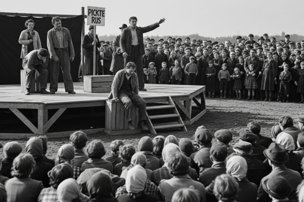 A historic people's theatre performance addressing a large crowd.