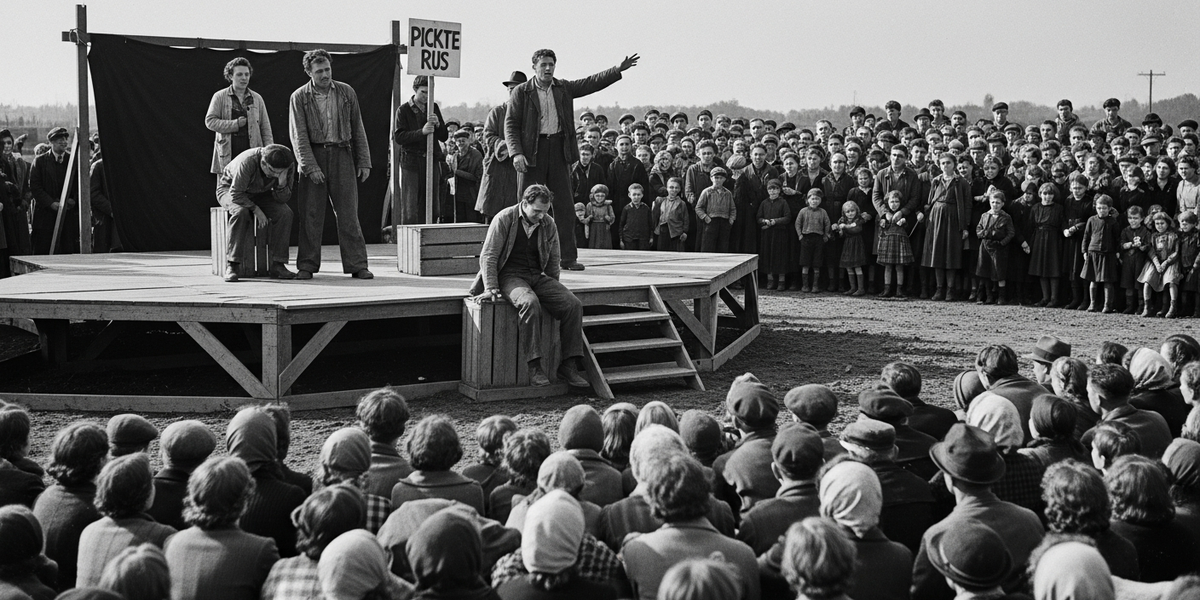 A historic people's theatre performance addressing a large crowd.